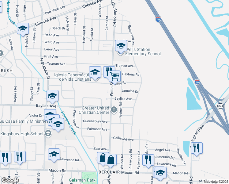 map of restaurants, bars, coffee shops, grocery stores, and more near 1446 Wells Station Road in Memphis