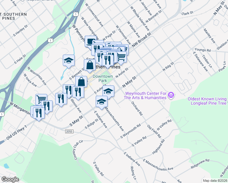 map of restaurants, bars, coffee shops, grocery stores, and more near in Southern Pines