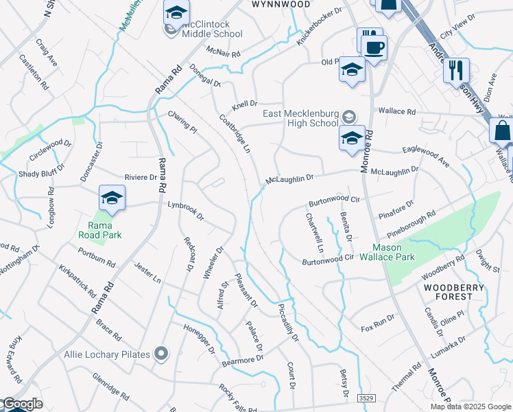 map of restaurants, bars, coffee shops, grocery stores, and more near 6245 Wheeler Drive in Charlotte