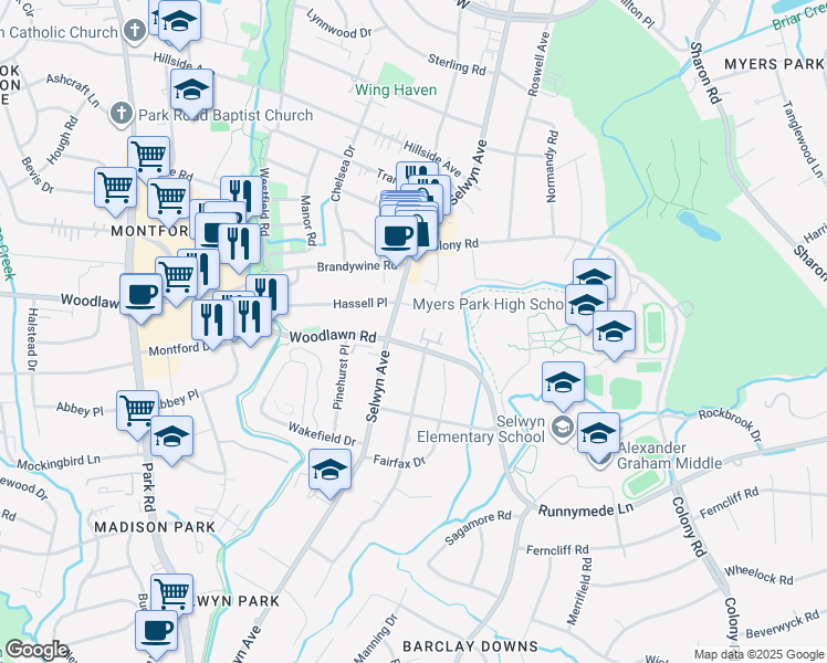 map of restaurants, bars, coffee shops, grocery stores, and more near in Charlotte