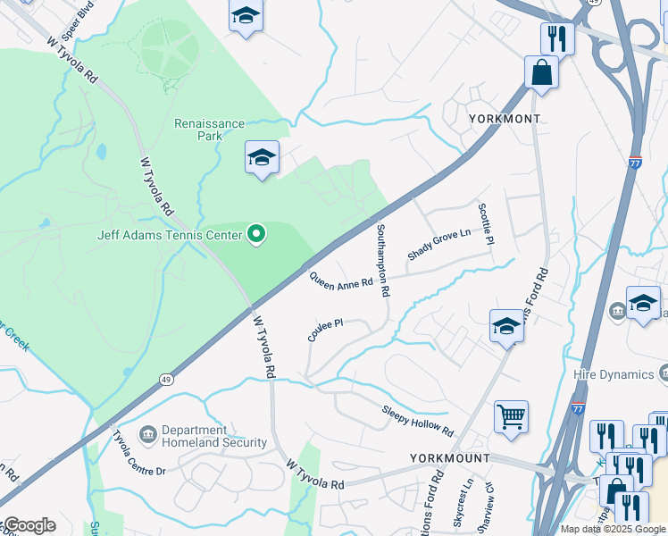 map of restaurants, bars, coffee shops, grocery stores, and more near 5520 Queen Anne Road in Charlotte