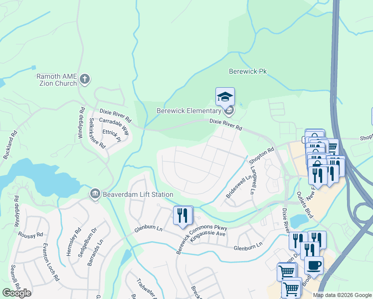 map of restaurants, bars, coffee shops, grocery stores, and more near 8325 Dallas Bay Road in Charlotte