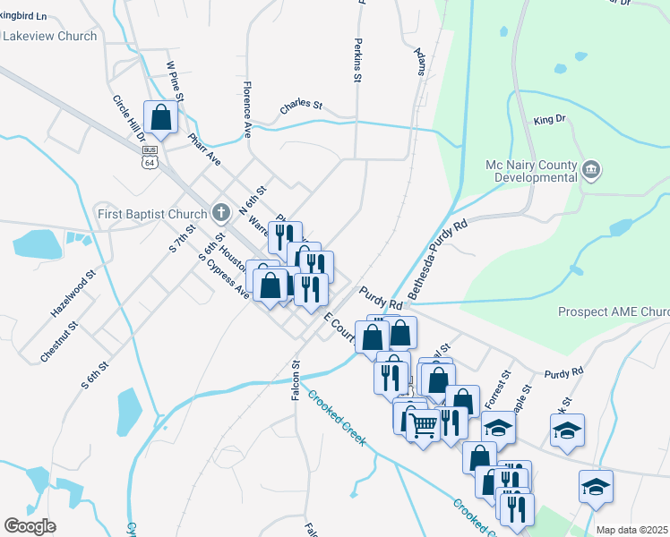 map of restaurants, bars, coffee shops, grocery stores, and more near 113 North 2nd Street in Selmer