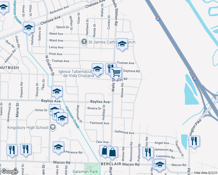 map of restaurants, bars, coffee shops, grocery stores, and more near 1417 Wells Station Road in Memphis