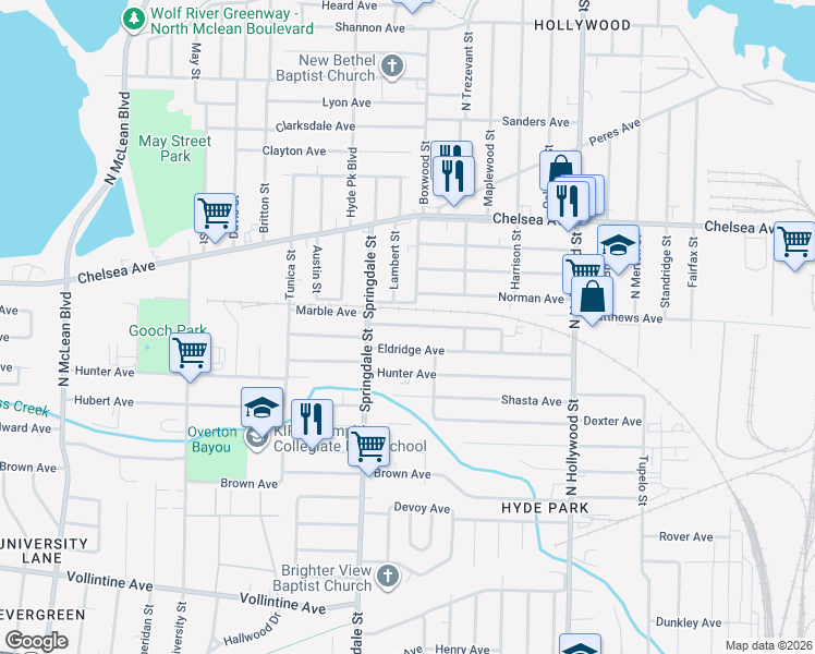 map of restaurants, bars, coffee shops, grocery stores, and more near 2253 Eldridge Avenue in Memphis