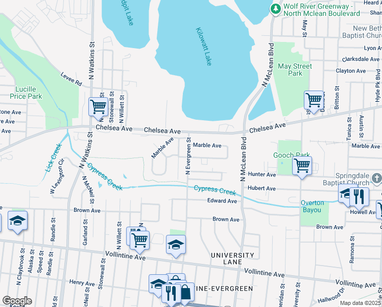 map of restaurants, bars, coffee shops, grocery stores, and more near 1178 North Evergreen Street in Memphis