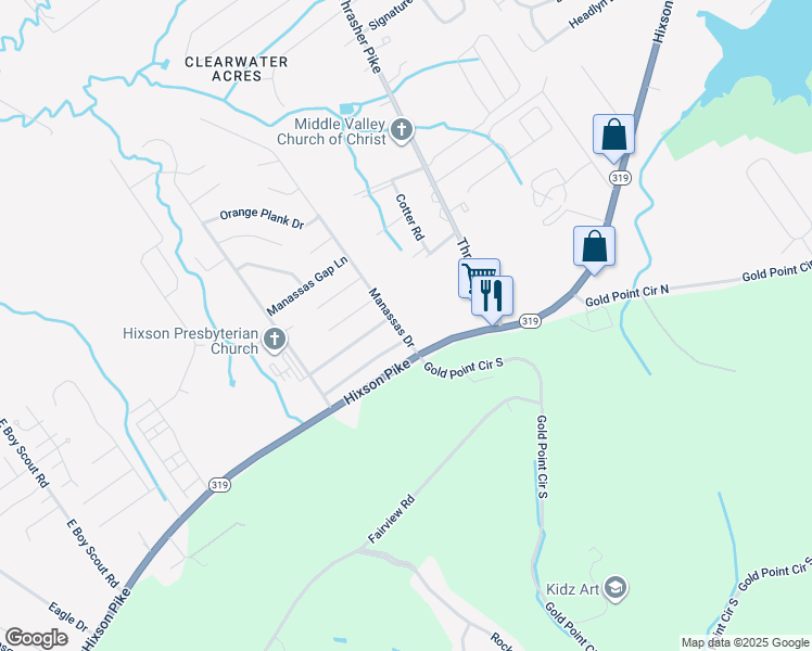 map of restaurants, bars, coffee shops, grocery stores, and more near 1529 Manassas Dr in Hixson