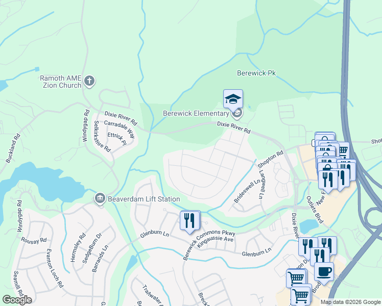 map of restaurants, bars, coffee shops, grocery stores, and more near 8344 Dallas Bay Road in Charlotte