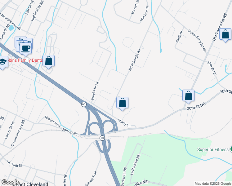 map of restaurants, bars, coffee shops, grocery stores, and more near 2942 Northeast Fulbright Road in Cleveland