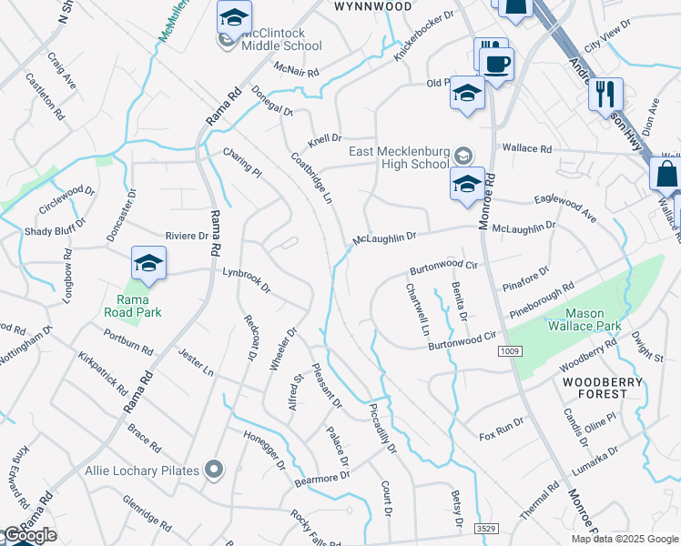 map of restaurants, bars, coffee shops, grocery stores, and more near 6245 Wheeler Drive in Charlotte