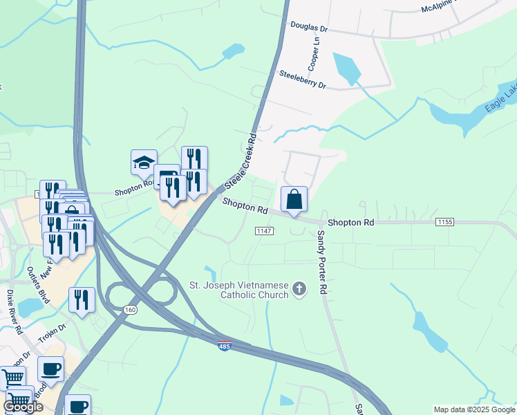 map of restaurants, bars, coffee shops, grocery stores, and more near 4572 Shopton Road in Charlotte