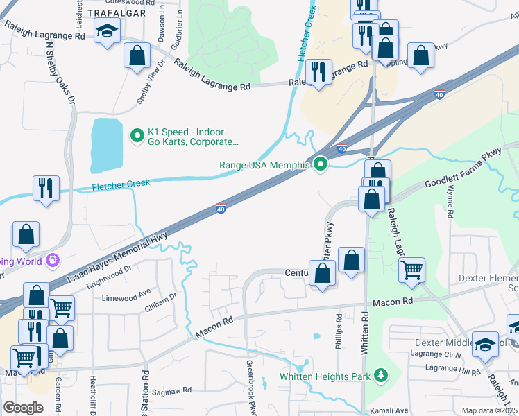 map of restaurants, bars, coffee shops, grocery stores, and more near 1680 Century Center Parkway in Memphis