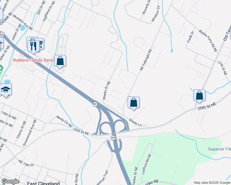 map of restaurants, bars, coffee shops, grocery stores, and more near 1228 Brookfield Court Northeast in Cleveland