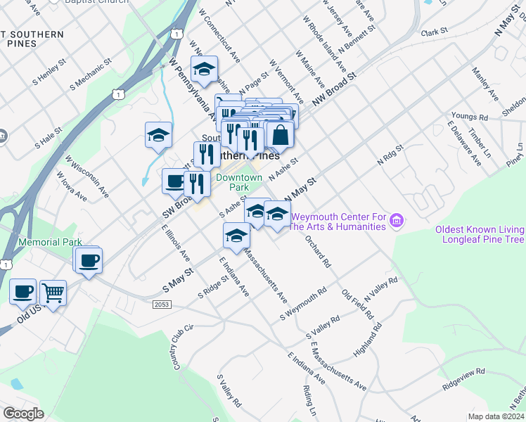map of restaurants, bars, coffee shops, grocery stores, and more near 160 South May Street in Southern Pines