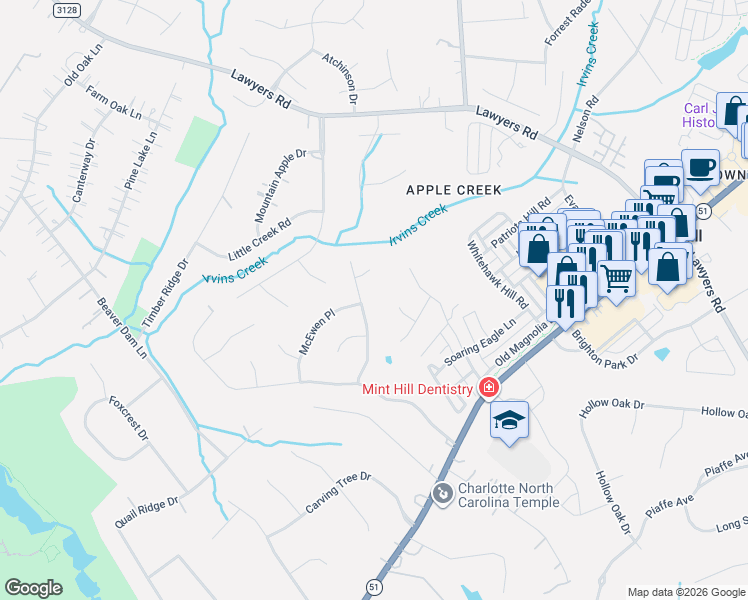map of restaurants, bars, coffee shops, grocery stores, and more near 6109 Mosswood Court in Mint Hill