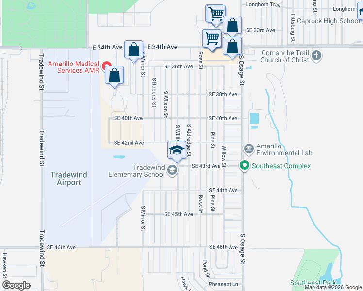 map of restaurants, bars, coffee shops, grocery stores, and more near 4015 South Williams Street in Amarillo