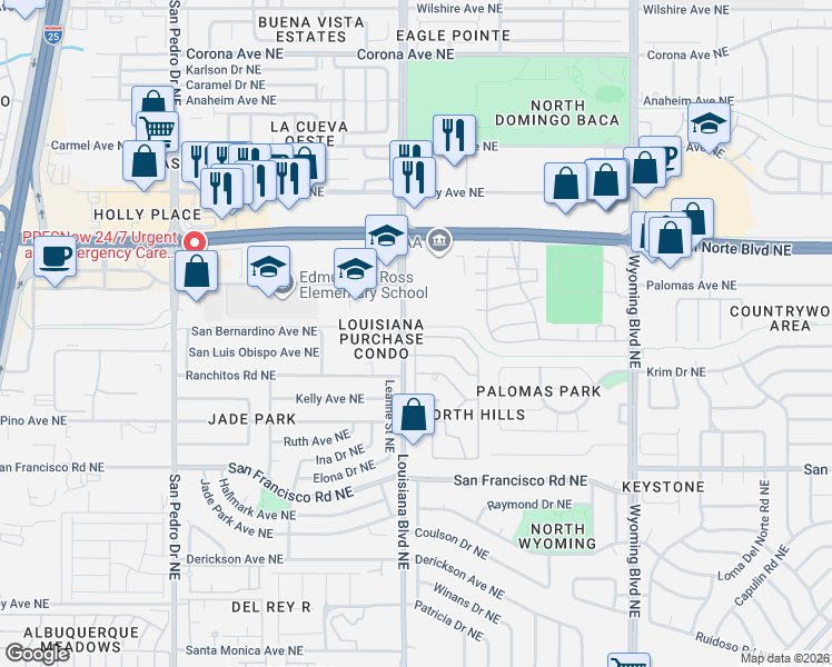 map of restaurants, bars, coffee shops, grocery stores, and more near 8017-8019 Louisiana Boulevard Northeast in Albuquerque