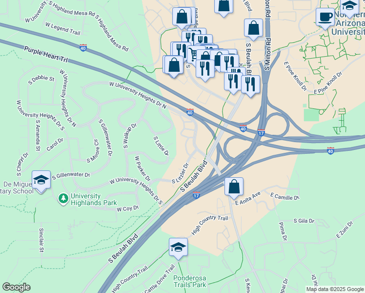 map of restaurants, bars, coffee shops, grocery stores, and more near 3230 Mehrhoff Place in Flagstaff