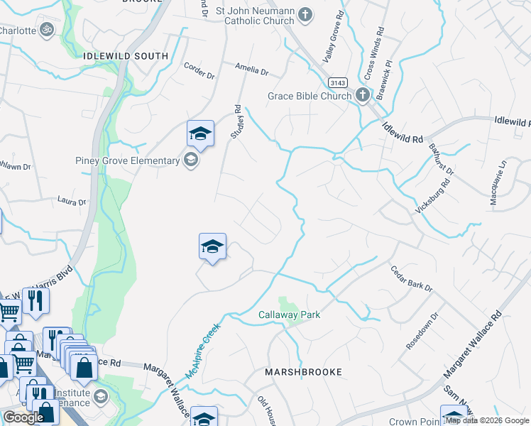 map of restaurants, bars, coffee shops, grocery stores, and more near 5417 Elessar Place in Charlotte