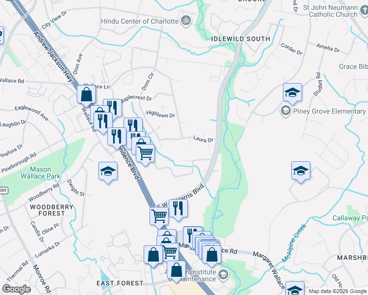 map of restaurants, bars, coffee shops, grocery stores, and more near 7832 Wallace Lane in Charlotte