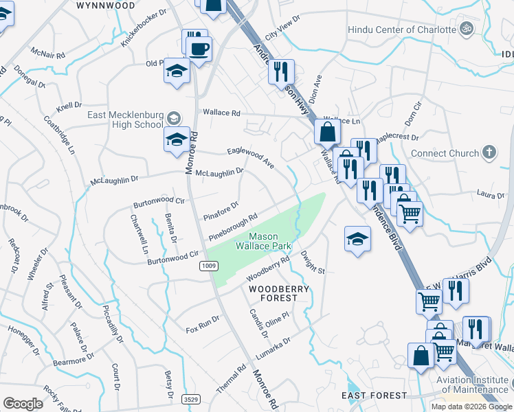 map of restaurants, bars, coffee shops, grocery stores, and more near 901 Beechgrove Court in Charlotte