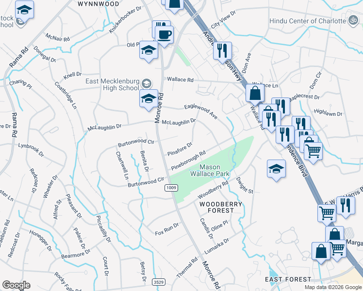 map of restaurants, bars, coffee shops, grocery stores, and more near 910 Burtonwood Circle in Charlotte
