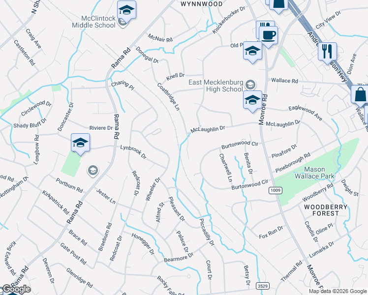 map of restaurants, bars, coffee shops, grocery stores, and more near 6210 Coatbridge Lane in Charlotte