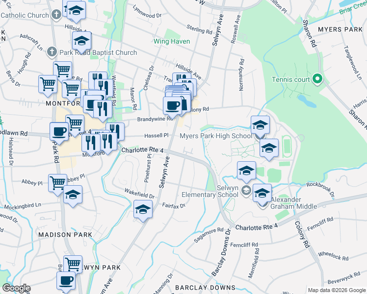 map of restaurants, bars, coffee shops, grocery stores, and more near 2433 Hassell Place in Charlotte