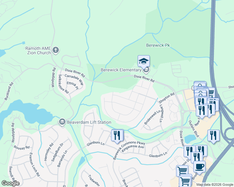 map of restaurants, bars, coffee shops, grocery stores, and more near 8344 Dallas Bay Road in Charlotte
