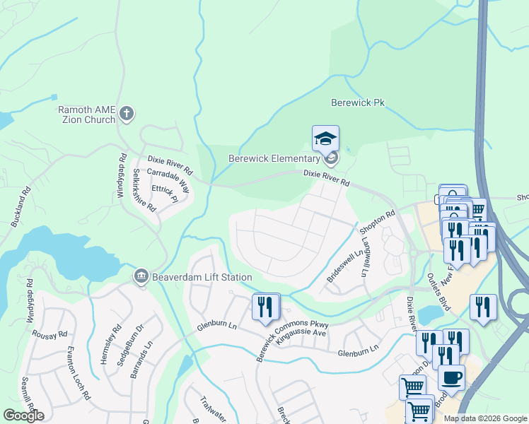 map of restaurants, bars, coffee shops, grocery stores, and more near 8344 Dallas Bay Road in Charlotte