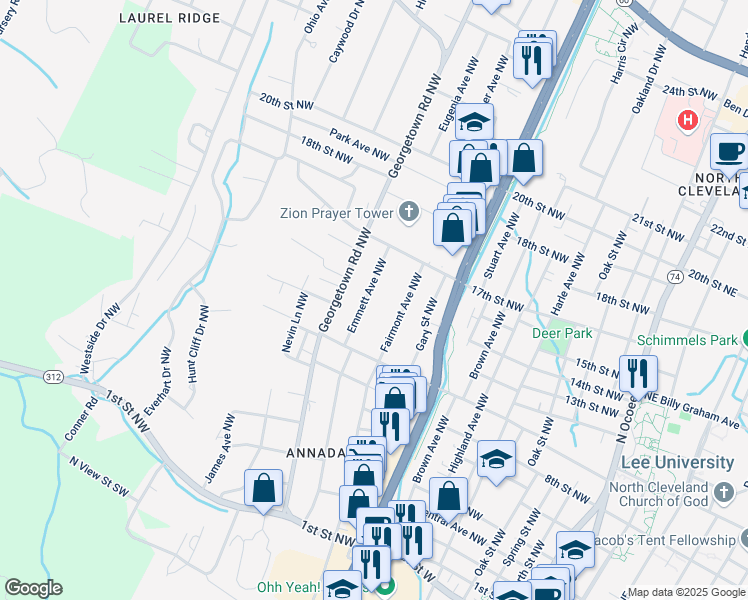 map of restaurants, bars, coffee shops, grocery stores, and more near 1102 Georgetown Road Northwest in Cleveland