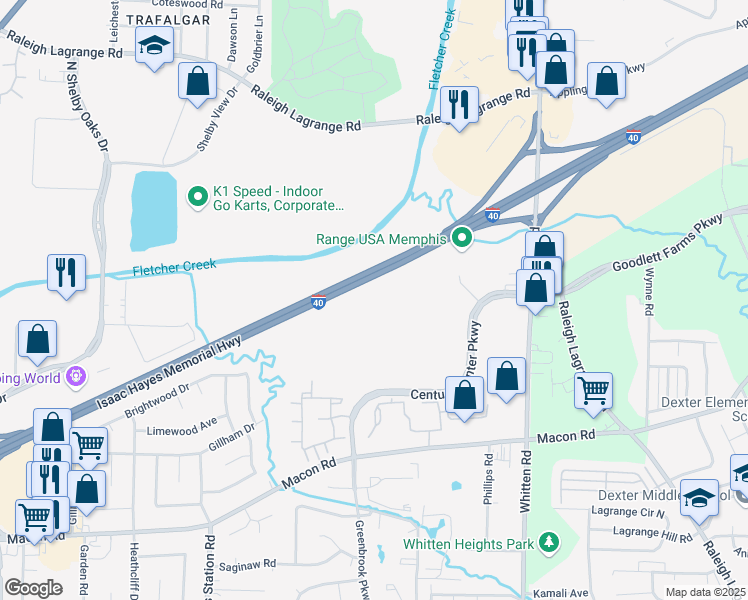 map of restaurants, bars, coffee shops, grocery stores, and more near 1680 Century Center Parkway in Memphis