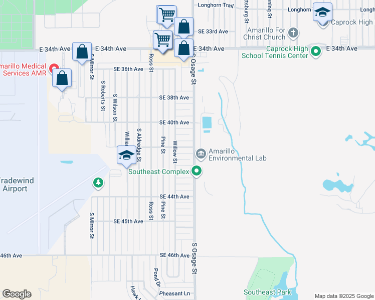 map of restaurants, bars, coffee shops, grocery stores, and more near 2112 Southeast 42nd Avenue in Amarillo