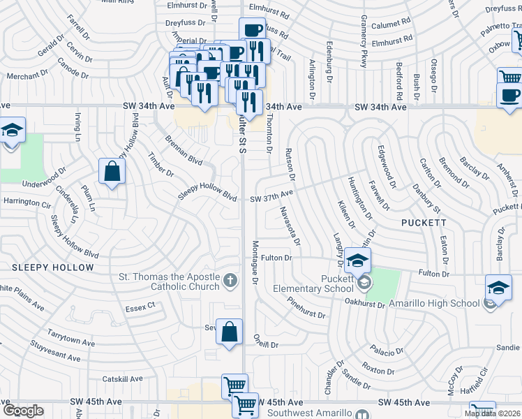 map of restaurants, bars, coffee shops, grocery stores, and more near 3621 Montague Drive in Amarillo