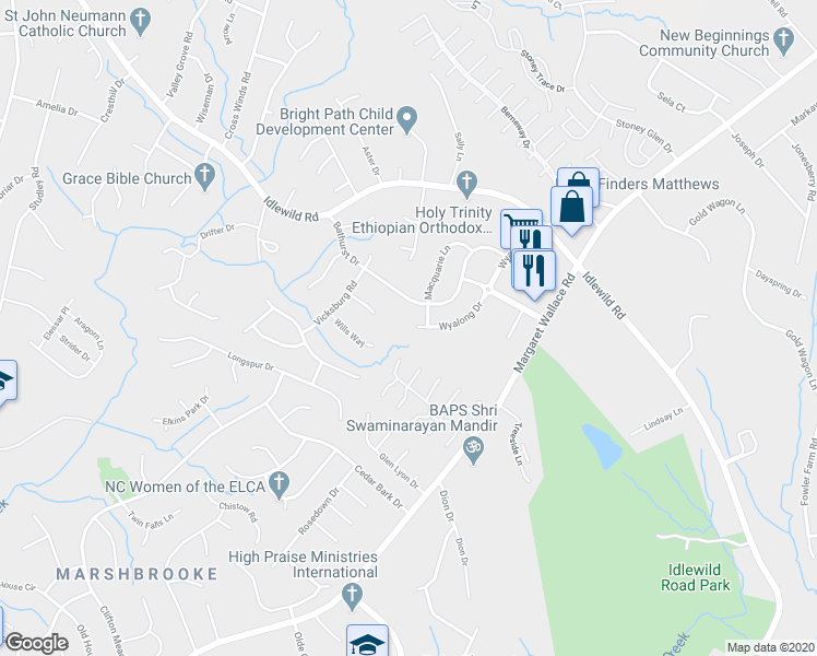 map of restaurants, bars, coffee shops, grocery stores, and more near 5402 Wyalong Drive in Charlotte