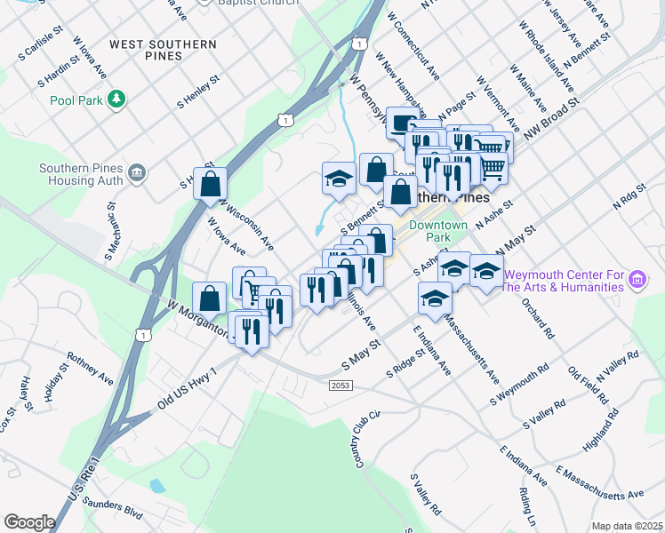 map of restaurants, bars, coffee shops, grocery stores, and more near 405 South Bennett Street in Southern Pines
