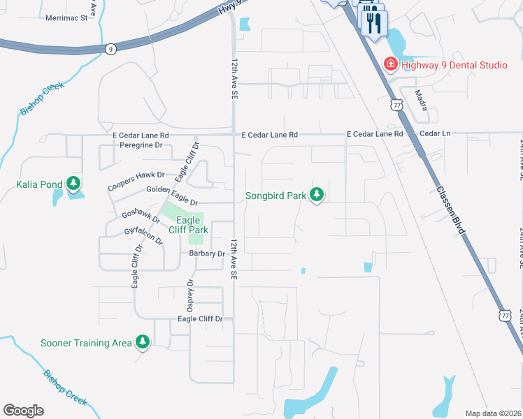 map of restaurants, bars, coffee shops, grocery stores, and more near 3814 Reid Pryor Road in Norman