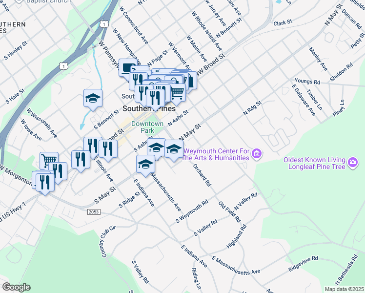 map of restaurants, bars, coffee shops, grocery stores, and more near 335 East Pennsylvania Avenue in Southern Pines