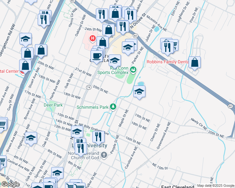 map of restaurants, bars, coffee shops, grocery stores, and more near 2141 Parker Street Northeast in Cleveland
