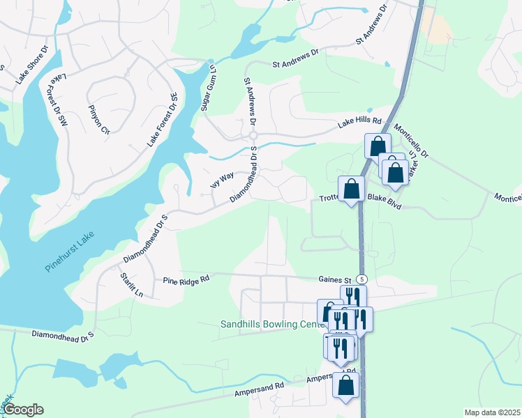 map of restaurants, bars, coffee shops, grocery stores, and more near Armstrong Lane in Moore County