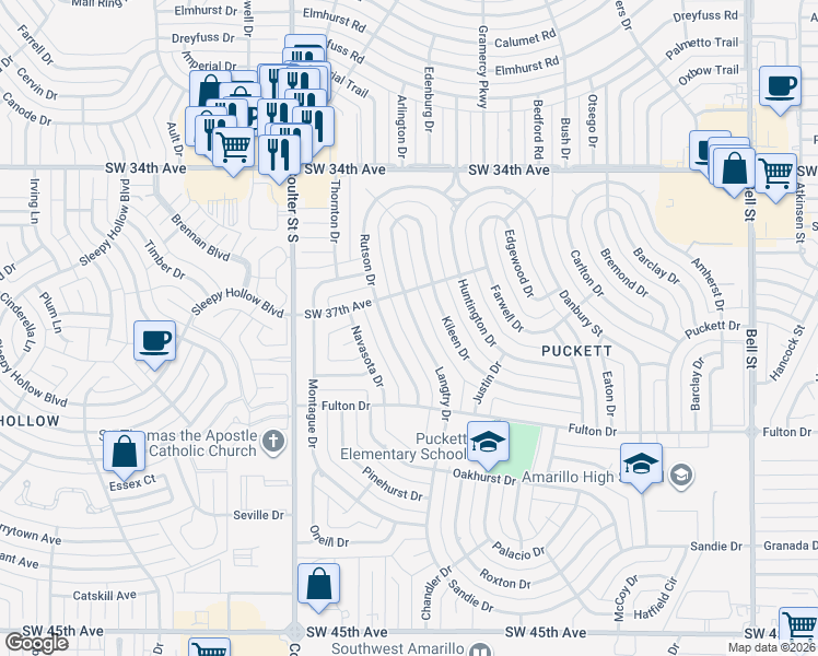 map of restaurants, bars, coffee shops, grocery stores, and more near 3702 Langtry Drive in Amarillo