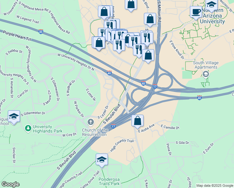 map of restaurants, bars, coffee shops, grocery stores, and more near 700 West University Heights Drive North in Flagstaff