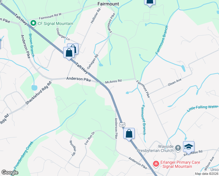 map of restaurants, bars, coffee shops, grocery stores, and more near 3410 Taft Highway in Signal Mountain