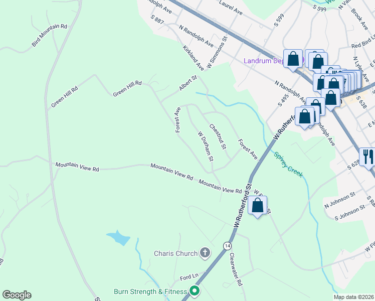 map of restaurants, bars, coffee shops, grocery stores, and more near 506 Forest Avenue in Landrum