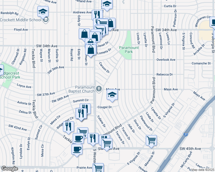 map of restaurants, bars, coffee shops, grocery stores, and more near 4000 Mays Avenue in Amarillo