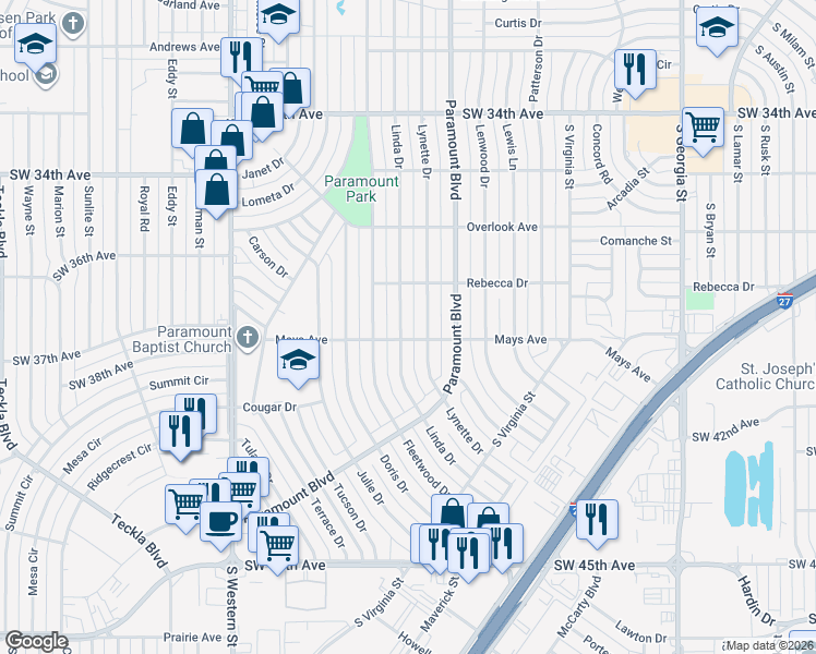 map of restaurants, bars, coffee shops, grocery stores, and more near 3701 Linda Drive in Amarillo