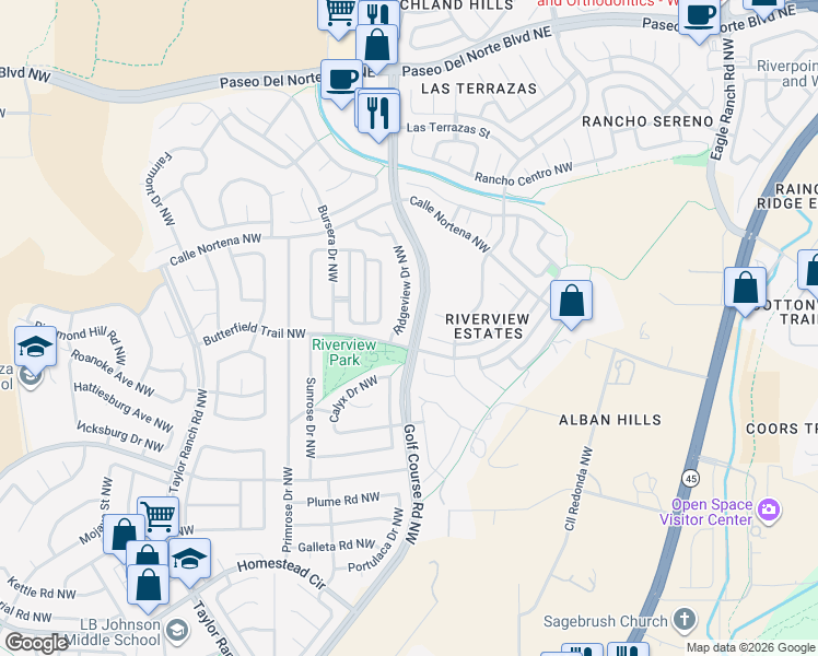 map of restaurants, bars, coffee shops, grocery stores, and more near 7719 Ridgeview Drive Northwest in Albuquerque