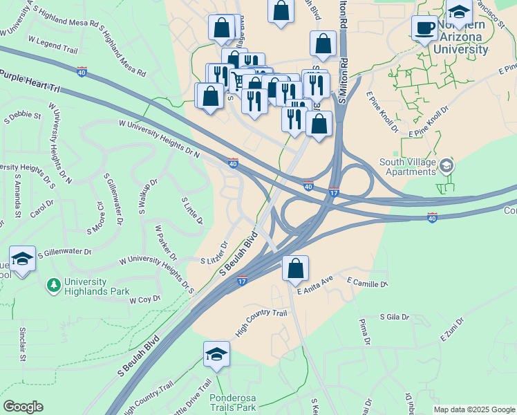 map of restaurants, bars, coffee shops, grocery stores, and more near Fort Tuthill (Flagstaff Urban - University Heights to Fort Tuthill) in Flagstaff