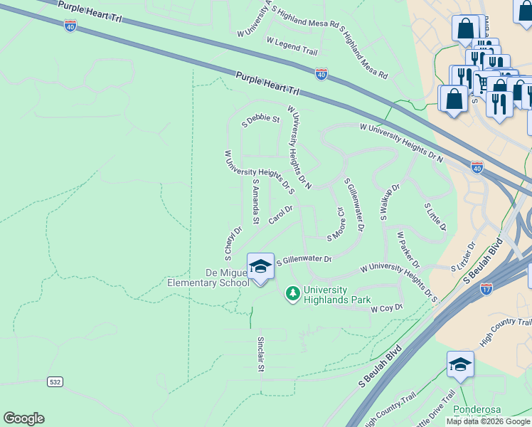 map of restaurants, bars, coffee shops, grocery stores, and more near 3533 South Dylan Street in Flagstaff