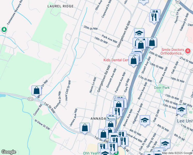 map of restaurants, bars, coffee shops, grocery stores, and more near 1007 Georgetown Road Northwest in Cleveland